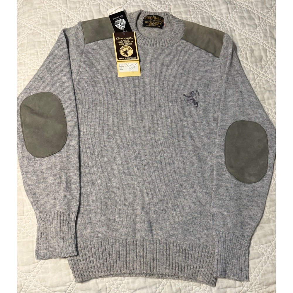 Glenhusky Sweater Mens M Pearl Grey Shetland Wool Suede Patches Made in Scotland